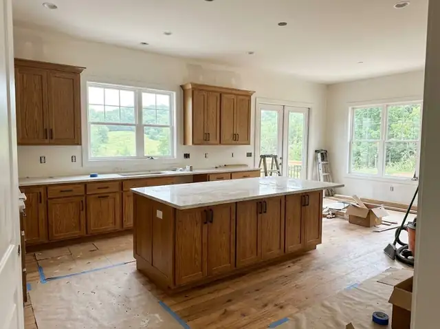 Stained oak shaker cabinets and an island in a newly built kitchen with large windows