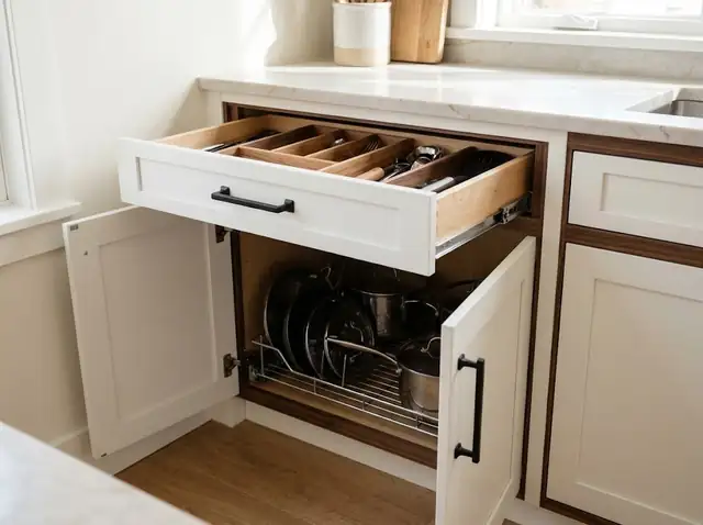 Open base cabinet with pull-out drawers and a pull-out organizer behind white shaker doors